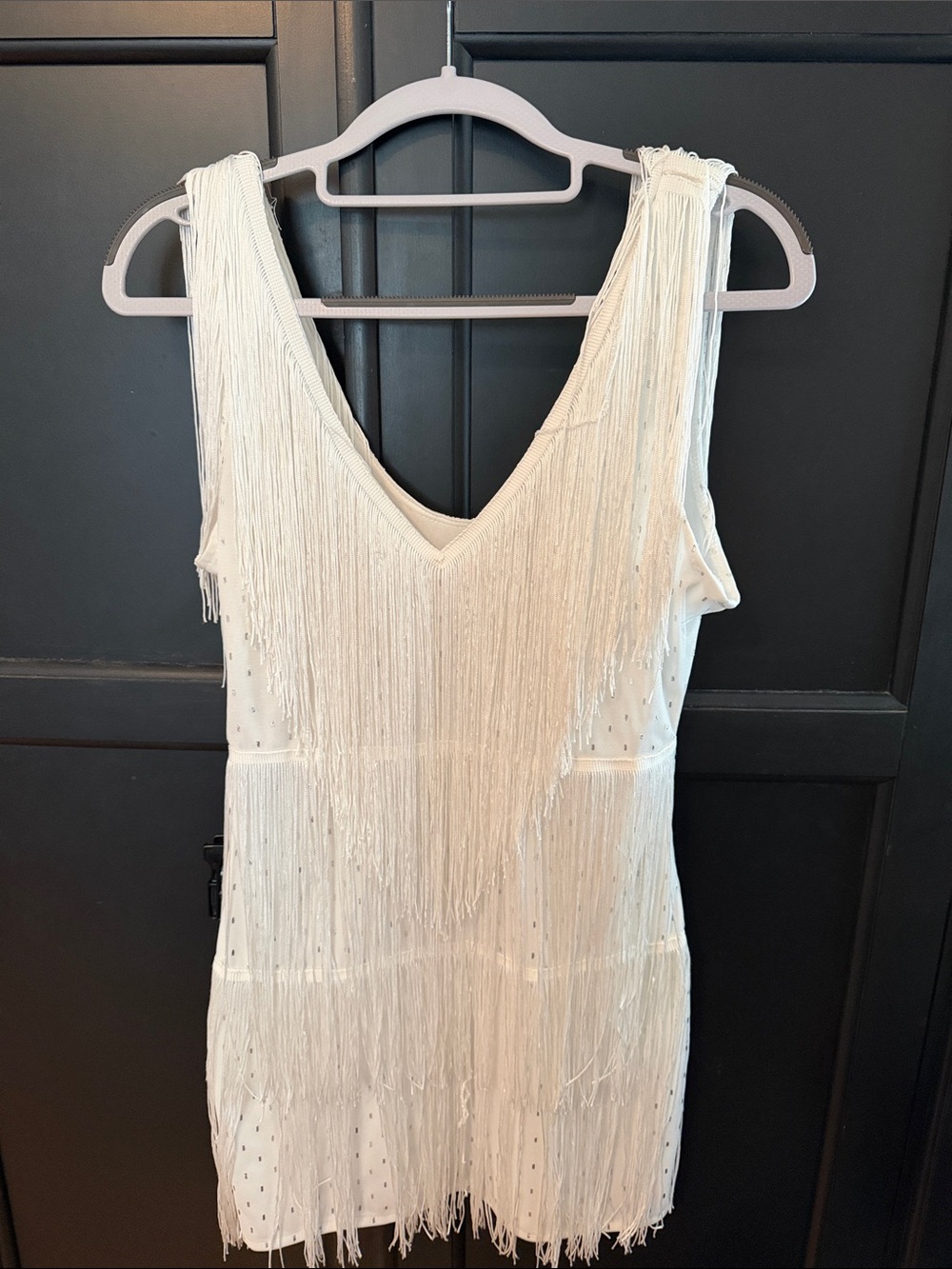 Fringed V-Neck Mini Dress in white